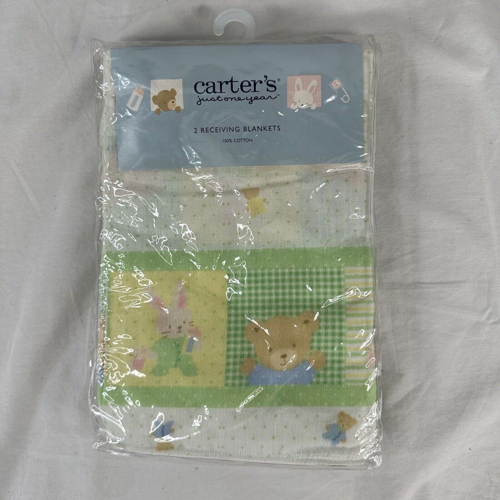 2 Pack Vintage Carters Bear Bunny Polka Dot Cotton Baby Receiving Blankets New
